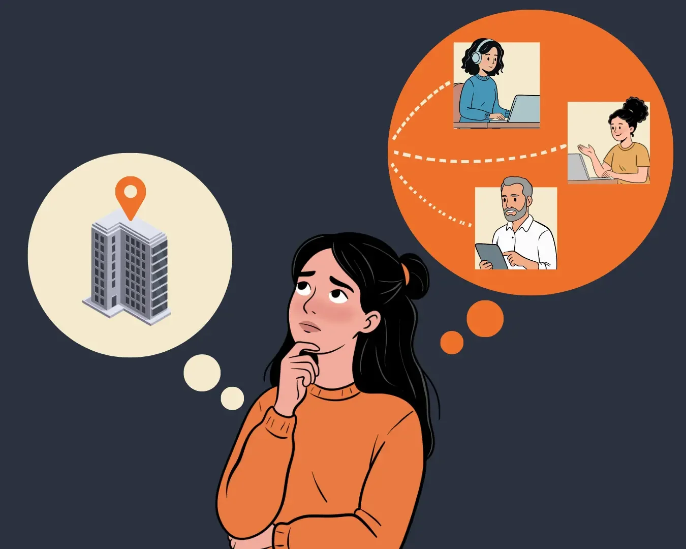 Illustration of a business owner thinking about the choice between a local office setup and a connected remote team, representing the appeal and considerations of outsourcing.