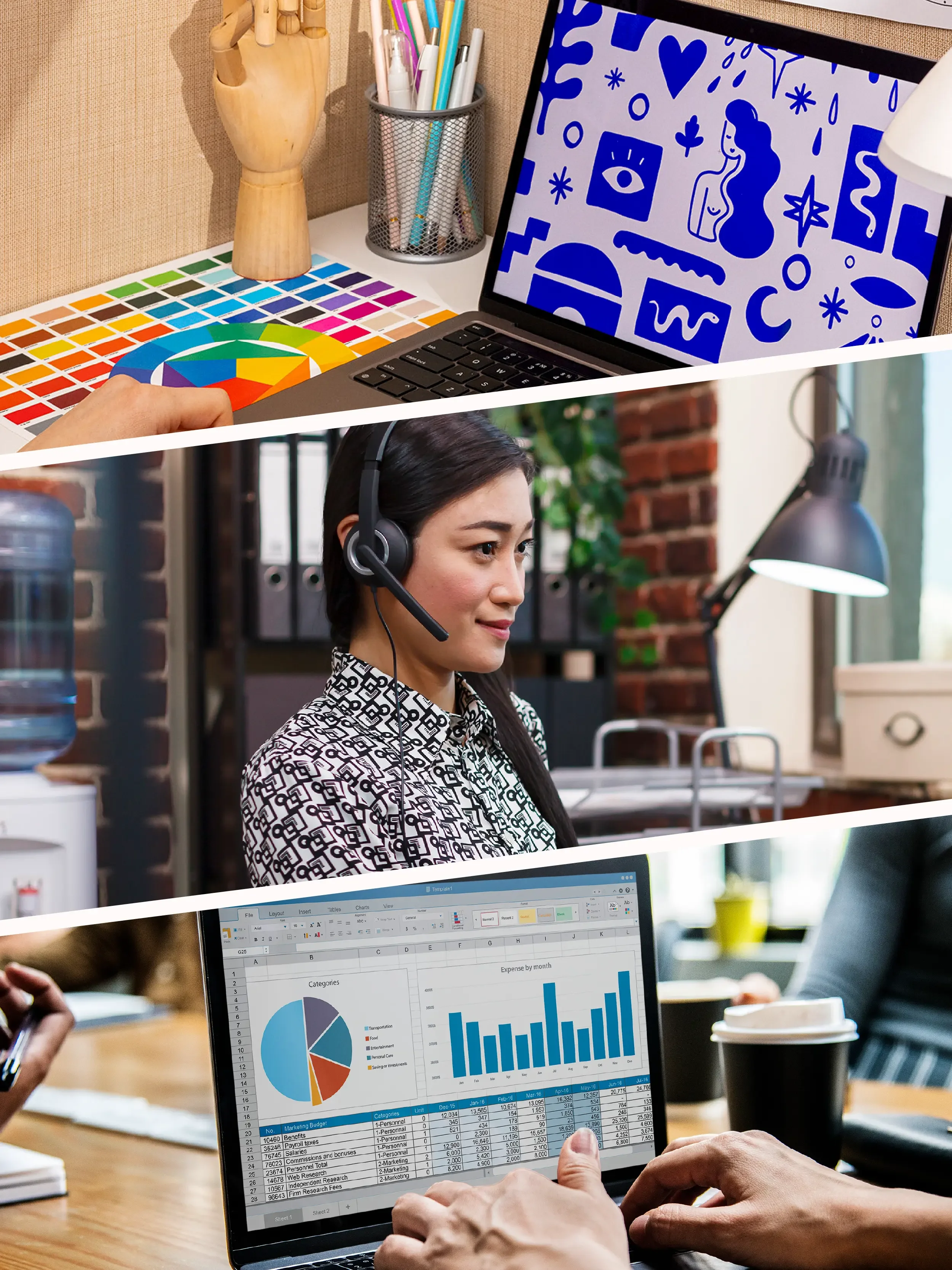 Collage showing offshore professionals working in design, customer support, and data analysis roles within a modern marketing team.