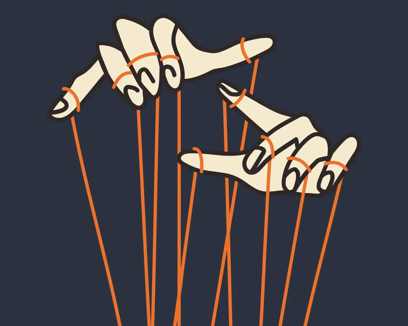 Illustration of puppet hands controlling strings from above, symbolizing a founder carrying too much responsibility and holding every part of the business together manually.