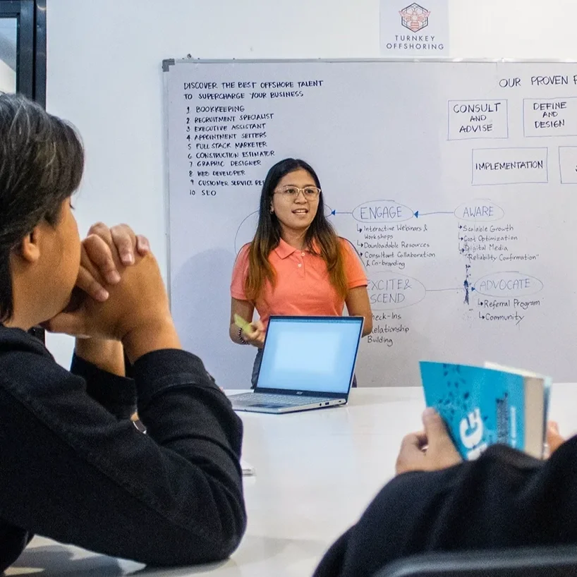 A woman in a pink shirt is presenting in front of a whiteboard to two people sitting at a table. The whiteboard contains notes about offshore talent and marketing strategies, with the logo 'Turnkey Offshoring' at the top.