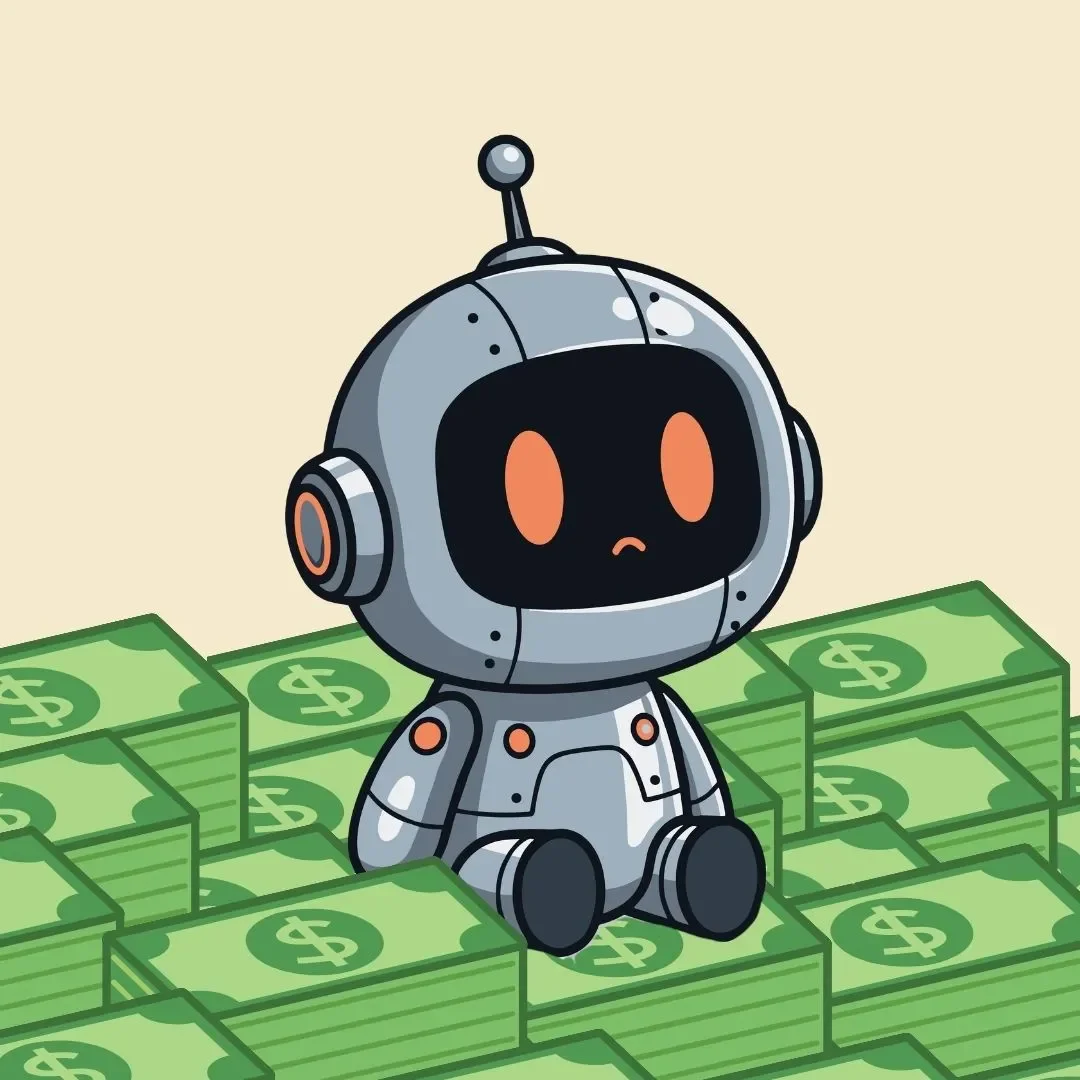 Illustration of a small robot sitting on stacks of cash with a worried expression, representing business dependence on AI, rising automation costs, and the risks of relying too heavily on artificial intelligence for operations and growth.