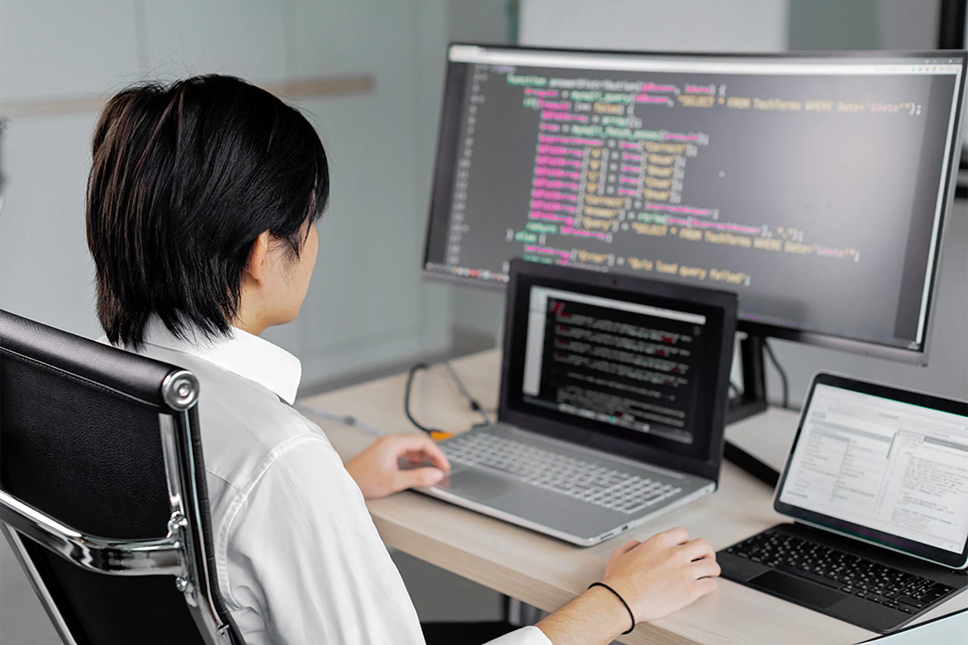 Professional working across multiple computer screens with code and software systems, representing automation supporting human-led self-storage operations.