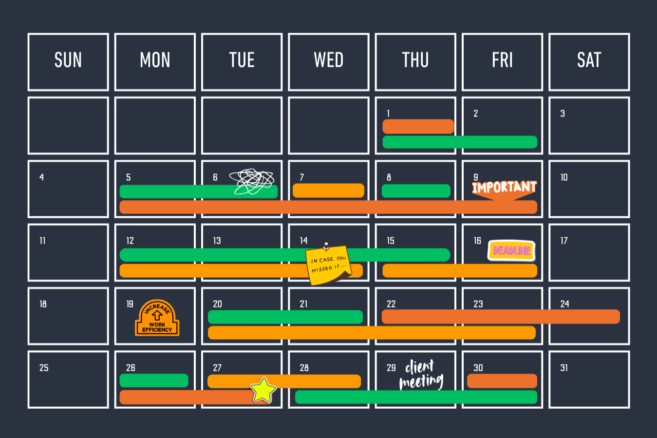 A busy monthly calendar layout filled with overlapping colored task bars, notes like “important,” “deadline,” and “client meeting,” showing a busy, crowded schedule and highlighting workload across the month.