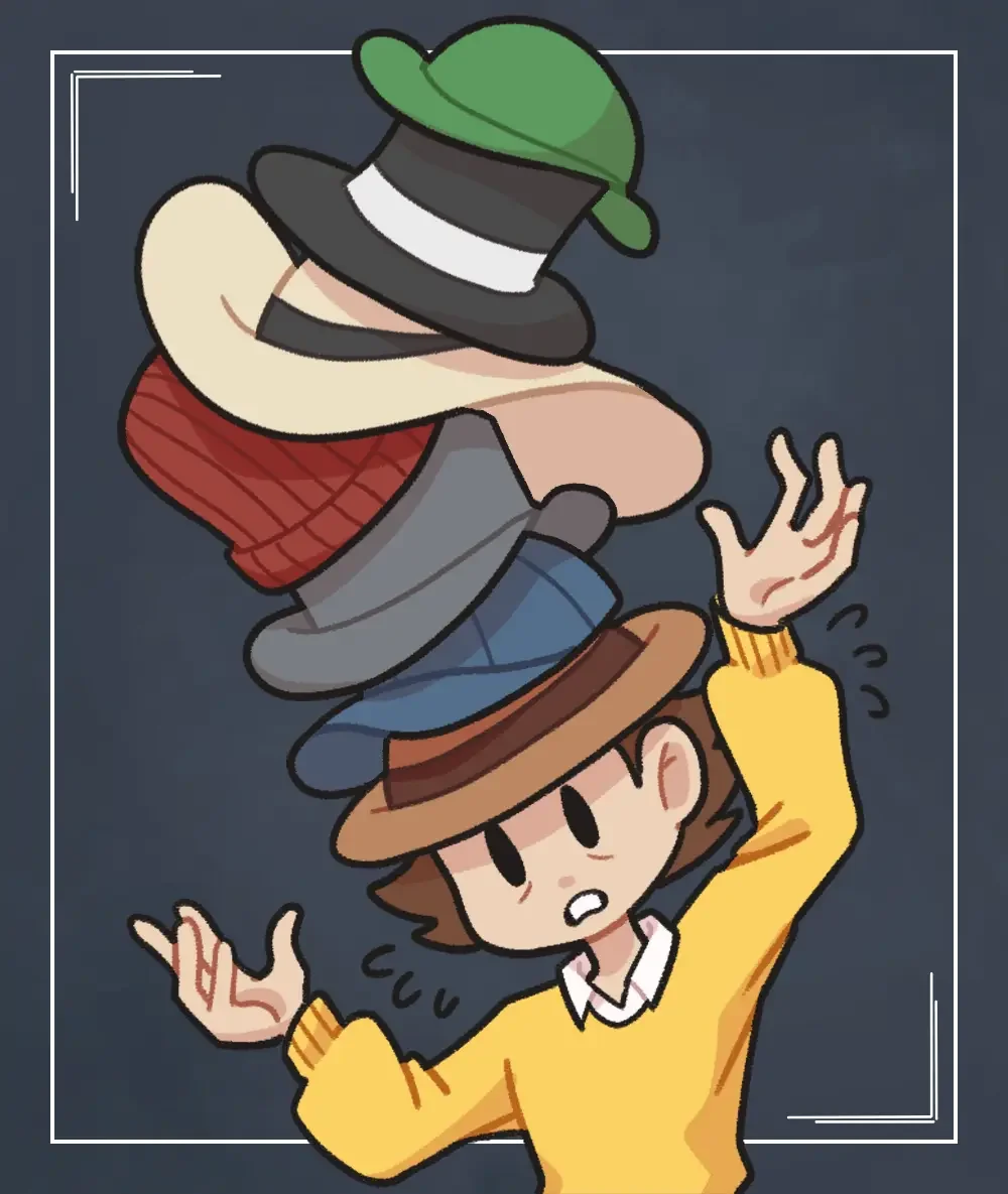 Illustration of a marketer struggling to balance multiple hats stacked overhead, symbolizing the pressure of handling too many roles and responsibilities at once.