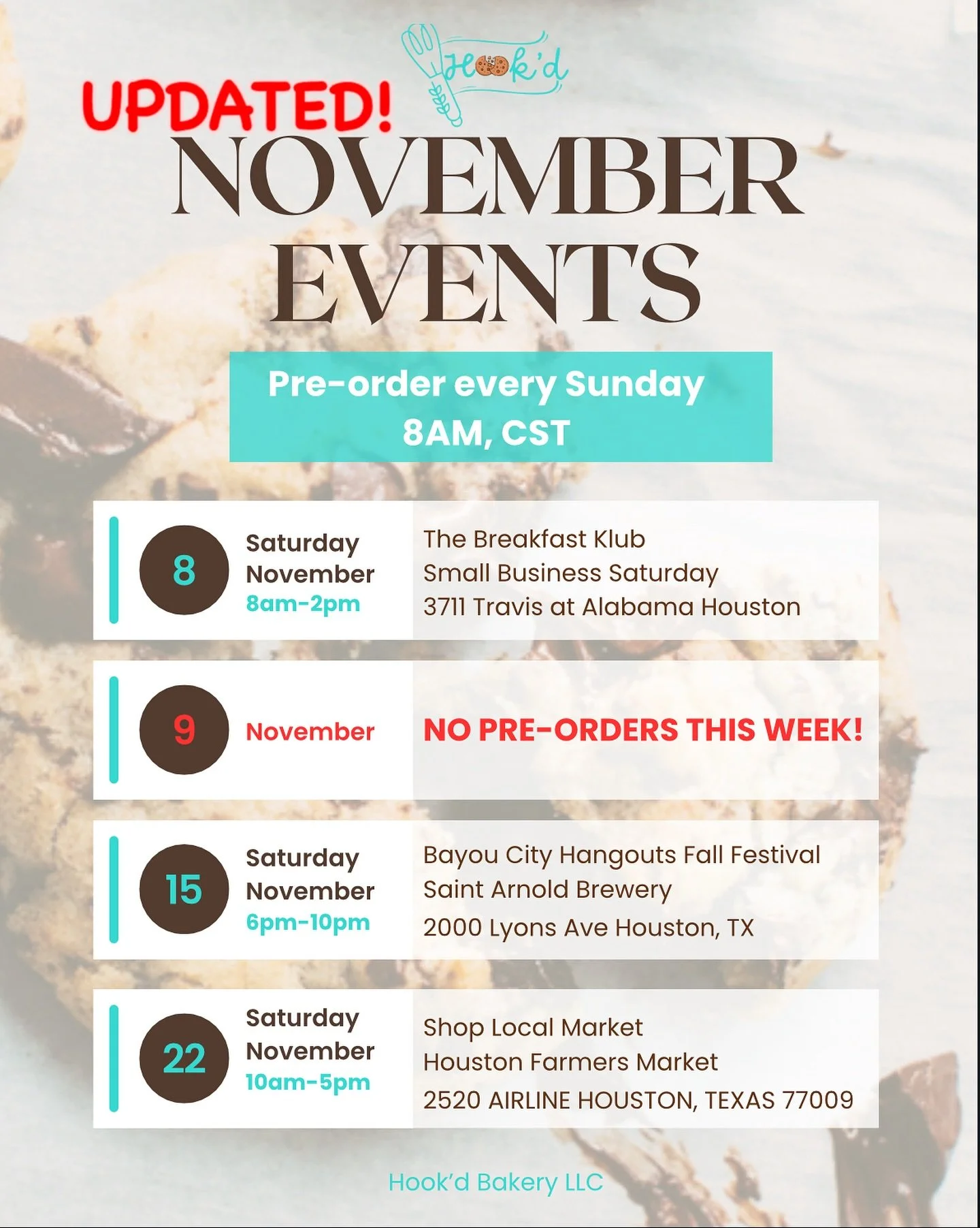 An additional pop up has been added for 11/22! 

#shoplocalhtx #houstonfarmersmarket #shoplocal #supportlocal #fallvibes #houston #houstonevents #houstoneats #houstonbakery #smallbusinesssaturday #smallbusiness #bakingfromscratch #houstonbaker #cinna