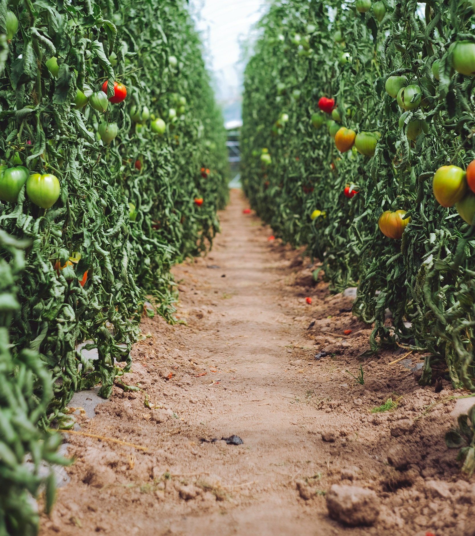 Rows of tomato plants with green and ripening red tomatoes growing in a greenhouse with a dirt path in between.