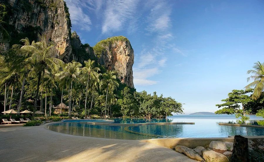 Tropical resort pool with palm trees, limestone cliffs, and ocean view in background.