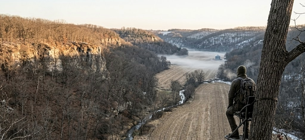 Iowa driftless bluff country at dawn in early November with a steep limestone ridge, late fall hardwood timber, harvested corn valley, and morning fog pooling in the creek bottom