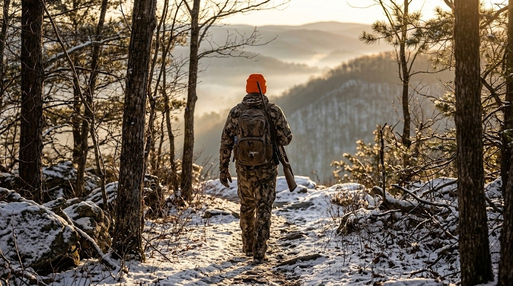 Hunter in camouflage walking away down a narrow trail through Pennsylvania public hunting land with a rifle slung over shoulder during golden hour sunrise