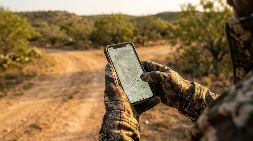Close-up of a hunter's gloved hands holding a smartphone displaying a topographic map while scouting a trail junction on Texas public land