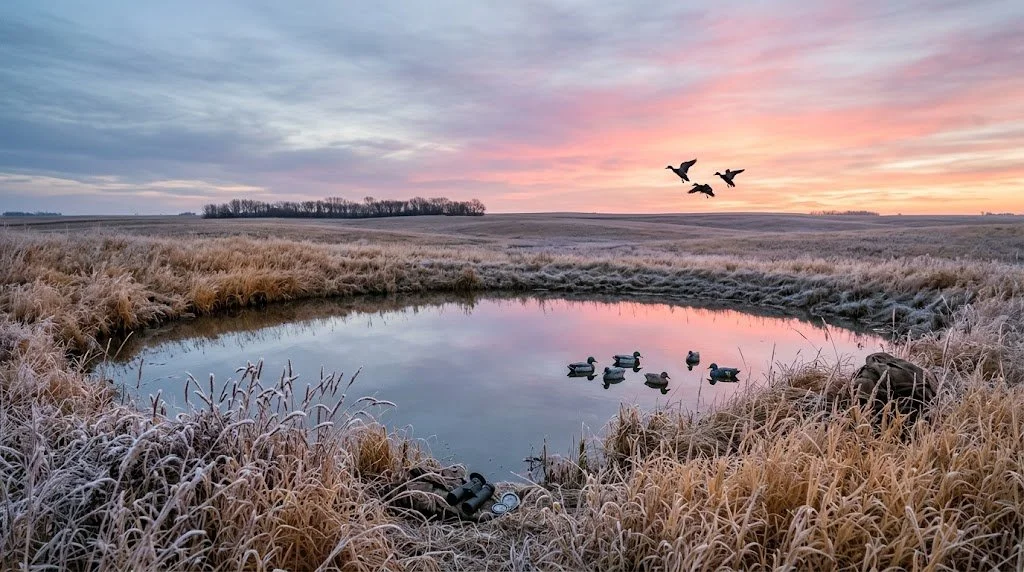 Western Minnesota prairie pothole WMA at dawn with decoys on the water, ducks dropping in against a pink sky, frost on native grass, and a shelter belt on the far horizon
