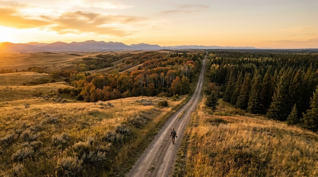 Aerial view of American public hunting land at golden hour showing prairie grassland, hardwood ridges, and boreal forest with a two-track road running through