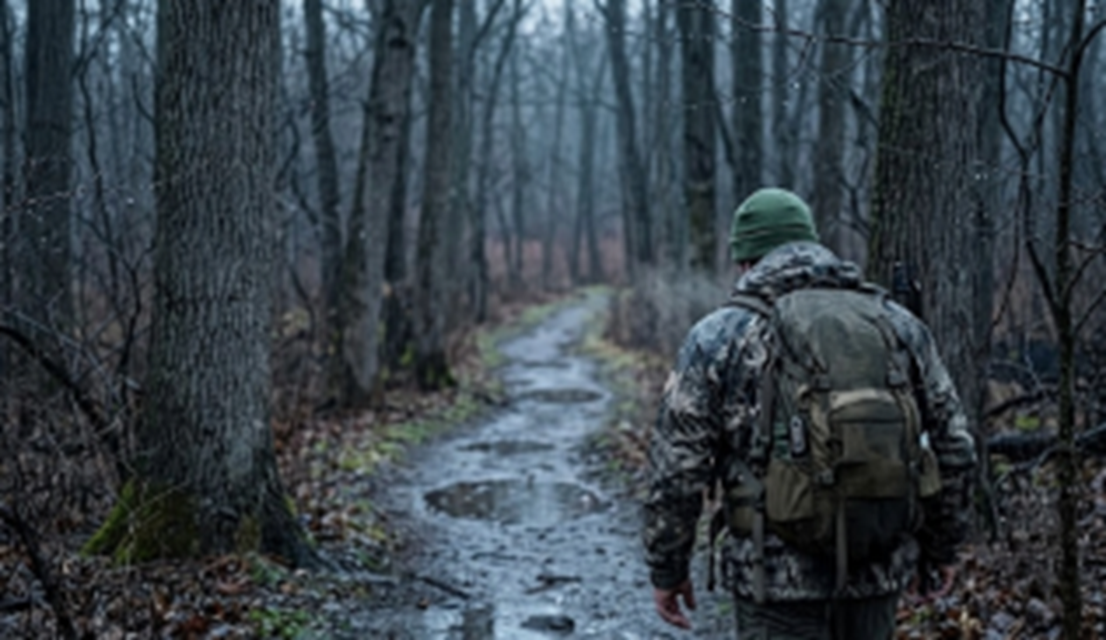 Bowhunter walking a timber trail in steady November rain wearing a rain jacket over a full layering system with a saddle hunting setup on the pack and water visible on the trail