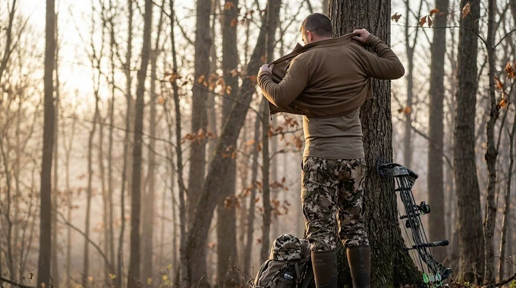 Hunter in a hardwood forest pulling a fleece mid layer over a fitted merino base layer shirt with a compound bow leaning against a tree in November morning light