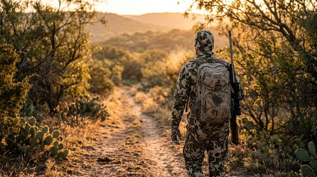Hunter in camouflage walking away down a narrow trail through Texas public hunting land with a rifle slung over shoulder during golden hour sunrise