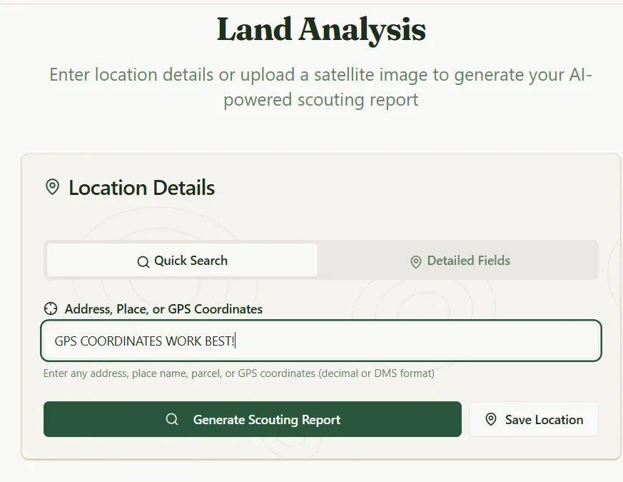 Hunting Scout home page showing the Generate a Scout Report search field with location input and Generate button