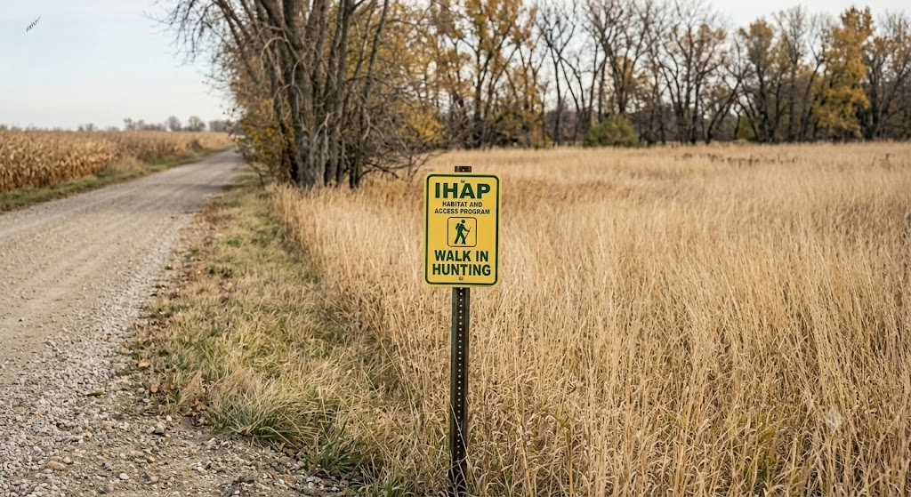 Iowa IHAP walk-in hunting access sign posted at the edge of a CRP grass field in western Iowa farm country with a shelter belt timber strip in the background and harvested corn across the road