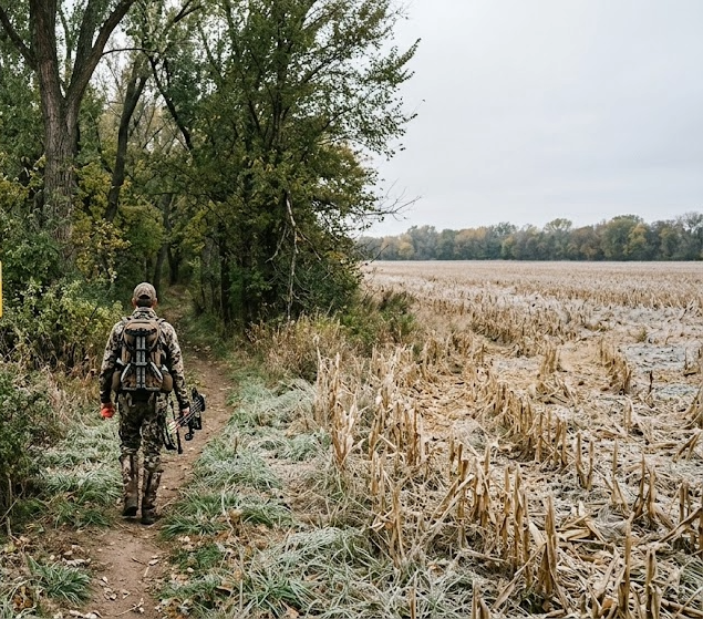 Bowhunter walking into a narrow creek-bottom timber corridor on a Kansas WIHA tract with a saddle setup on the pack, harvested corn stubble on both sides, and a yellow WIHA sign at the field edge
