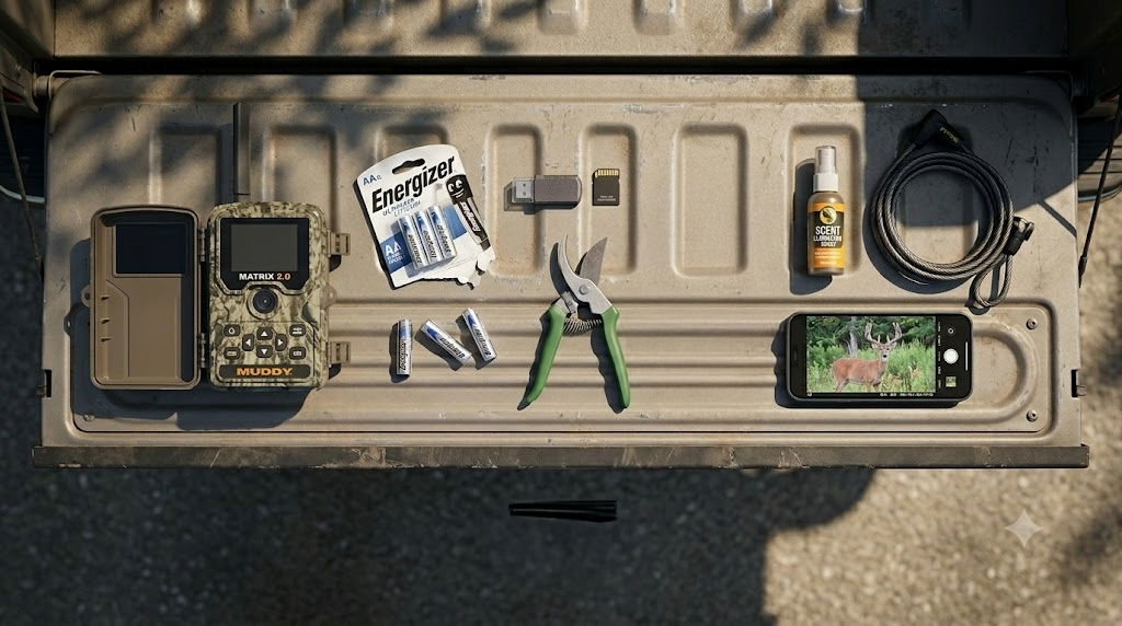Trail camera maintenance kit on a truck tailgate with a cellular camera, lithium batteries, SD cards, pruning shears, rubber gloves, and a phone showing a velvet buck trail camera photo