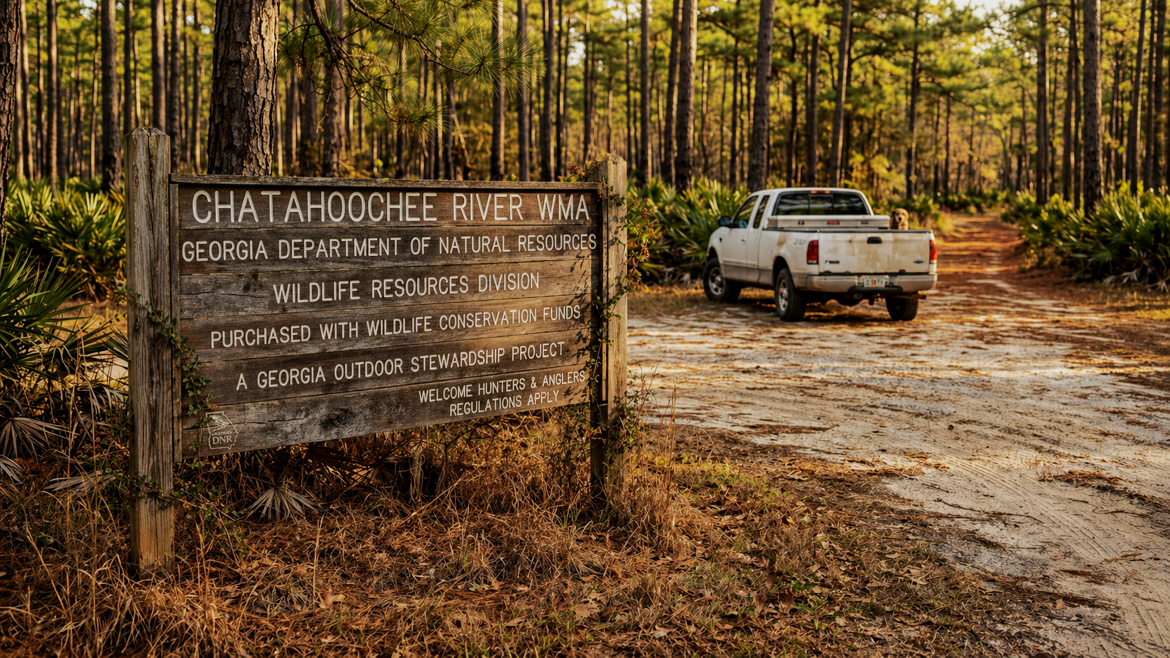 Brown wooden public hunting area boundary sign posted at the entrance to Georgia public land with a dirt parking area and truck in the background