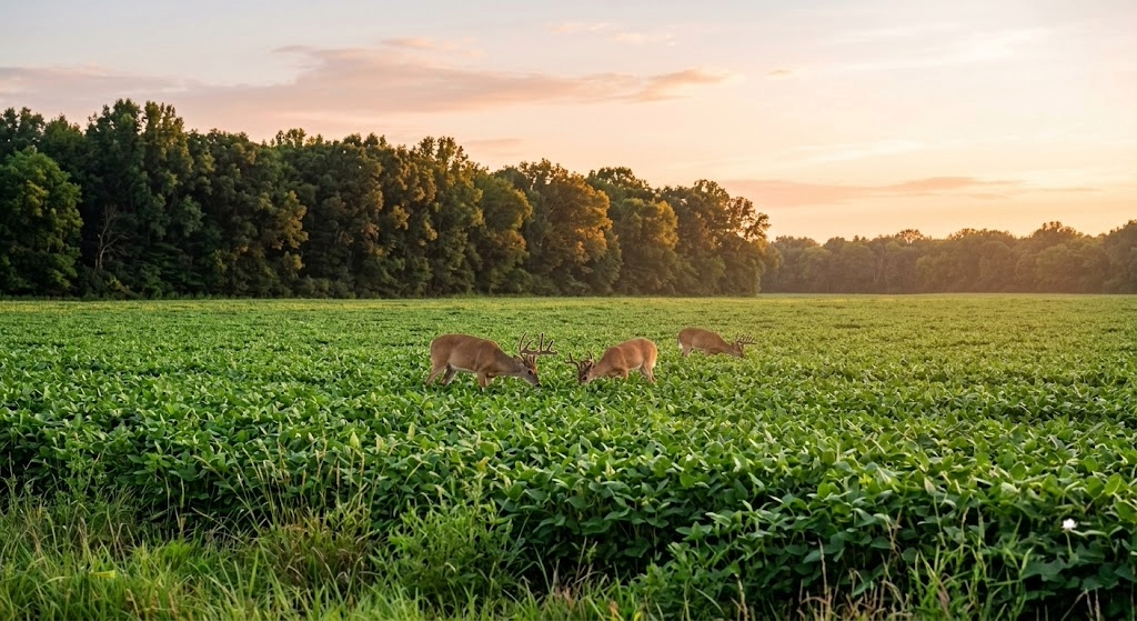 Three whitetail bucks feeding in a lush green soybean fall food plot during golden hour.