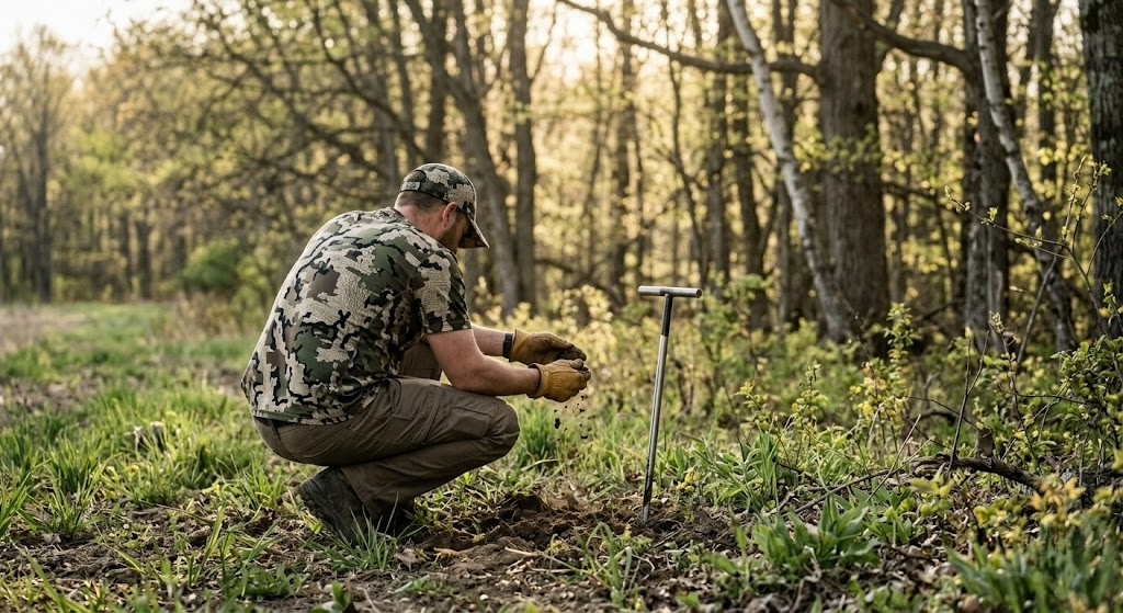 Hunter facing the camera demonstrating the concept of site selection and soil prep