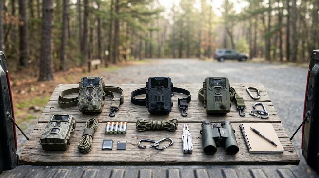 Well-organized flat lay of hunting gear related to best budget trail cameras under $100 arranged on a weathered truck tailgate at a forest trailhead in morning light