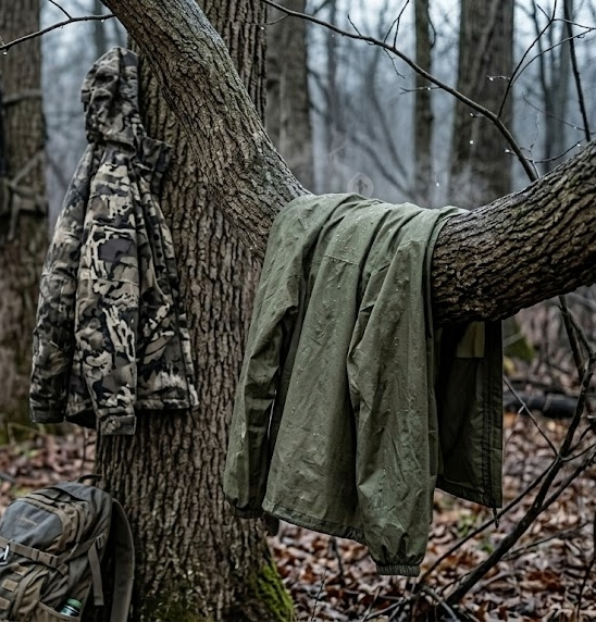 Olive Frogg Toggs Ultra-Lite2 rain jacket draped over a branch at a hunting camp with a premium camo rain jacket visible on the adjacent branch showing the budget versus premium contrast