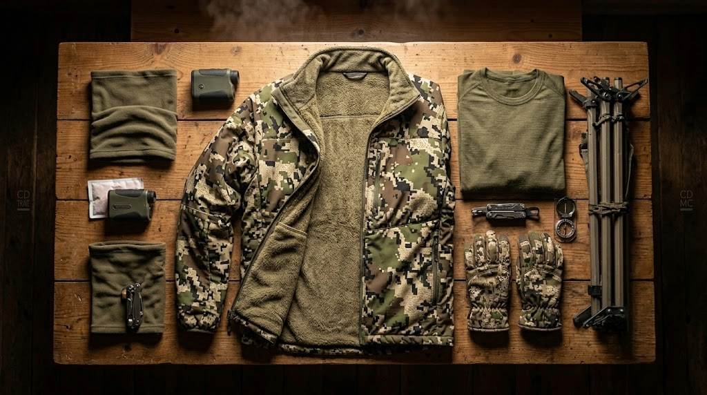 Flat lay of cold-weather hunting gear on cabin table including insulated jacket with fleece lining and merino base layer gloves and rangefinder
