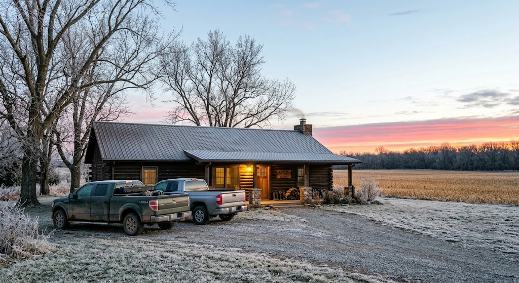 Rustic Kansas hunting lodge at dawn with two pickup trucks parked out front, a lit porch light, harvested soybean field stretching to a river bottom timber corridor in the distance