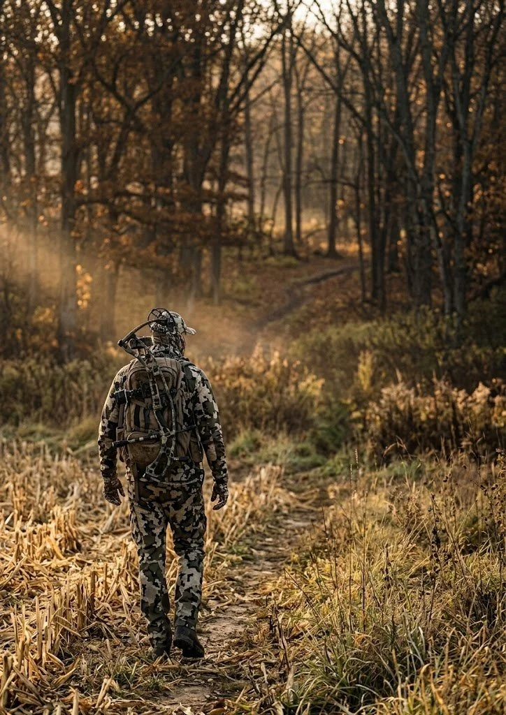 Hunter in camouflage walking away down a narrow trail through Ohio public hunting land with a bow on his backpack during golden hour sunrise