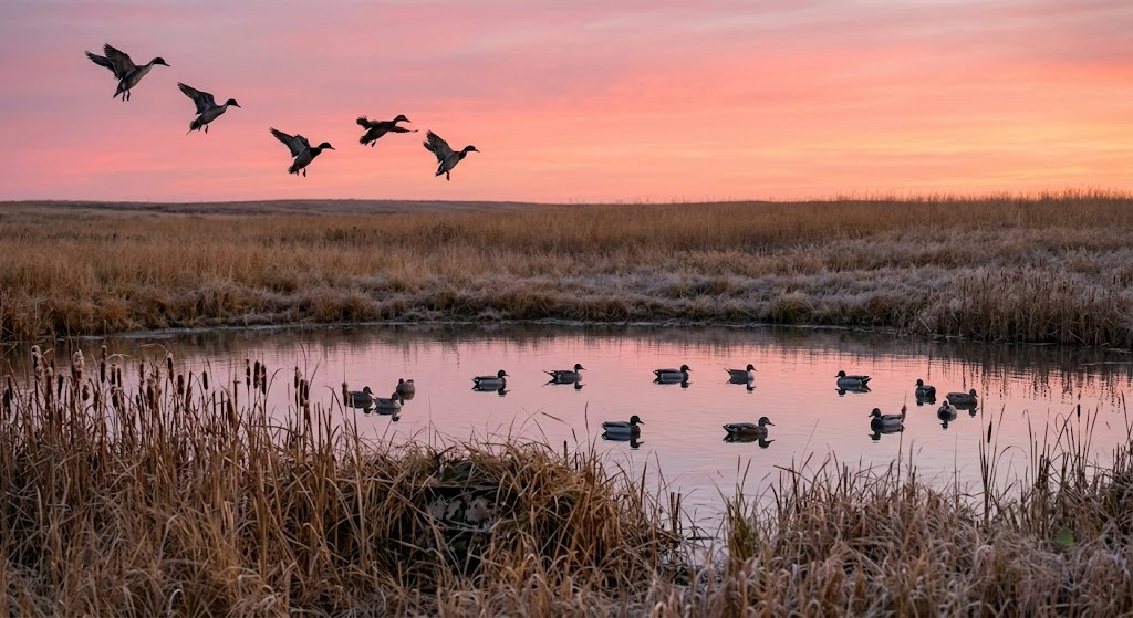 Ducks flying over a pond surrounded by dry grass at sunset with a pastel pink and orange sky.