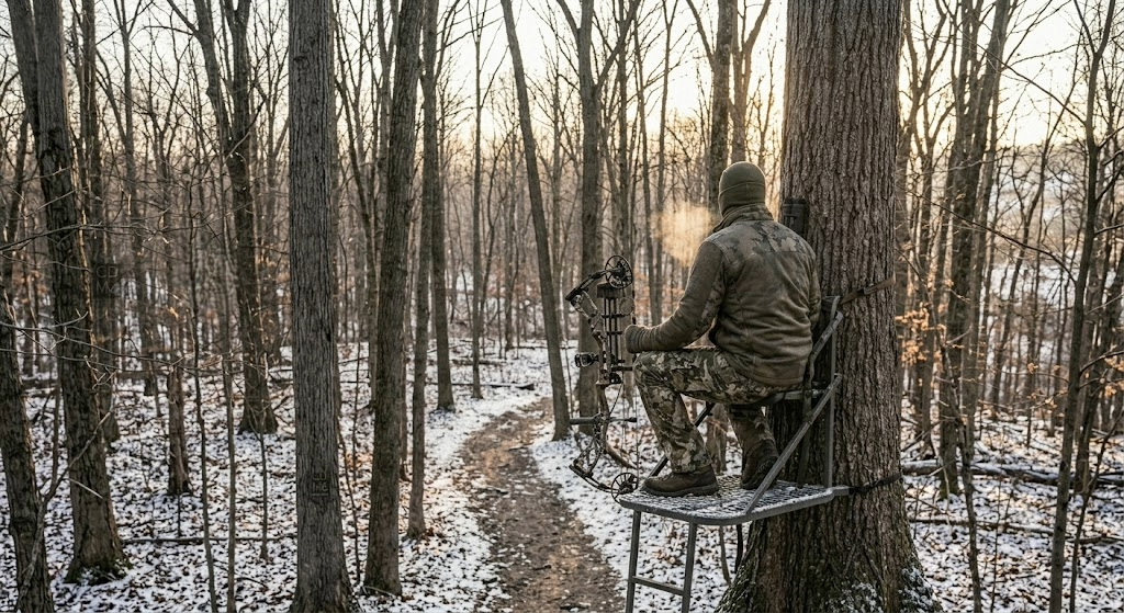 Whitetail hunter sitting in treestand at dawn wearing cold-weather hunting jacket with frost on shoulders in late-November hardwoods