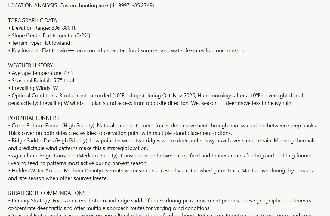 Hunting Scout scouting report showing interactive map with green public land overlays, star and diamond funnel markers, Best Hunt Locations sidebar, and weather data