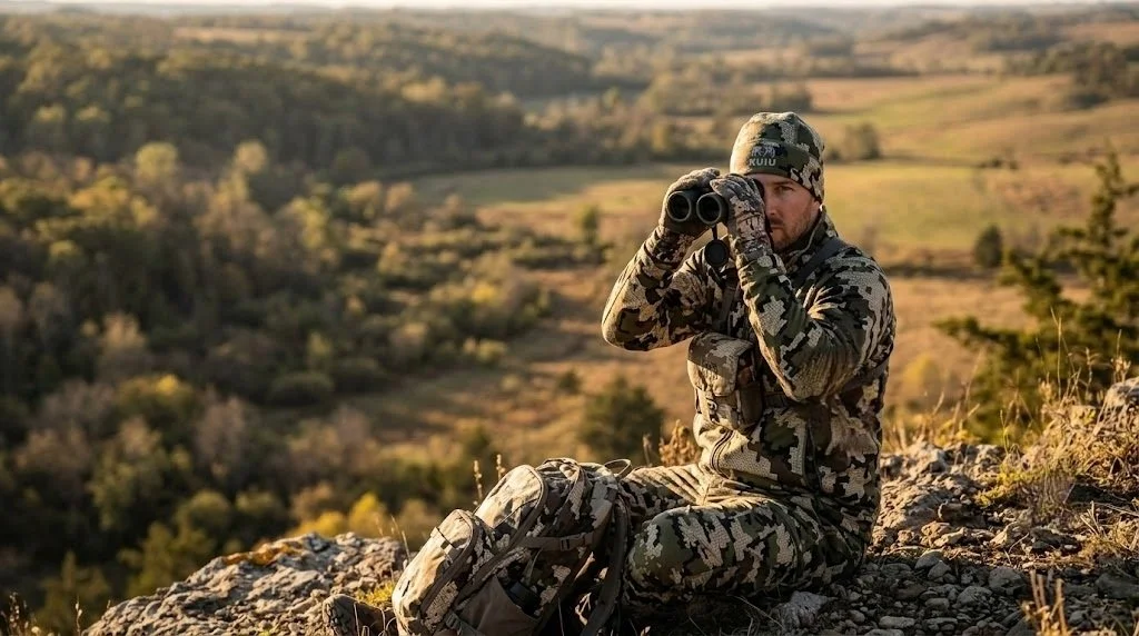 Hunter in full camouflage, glassing through binoculars from a ridge overlooking whitetail habitat on public land with a wide landscape behind