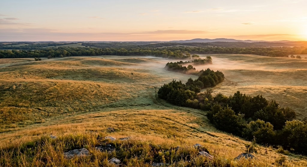 Cedar-lined draw cutting through golden CRP fields toward a timbered creek bottom at dawn, the kind of terrain hunters find through e-scouting for deer hunting.