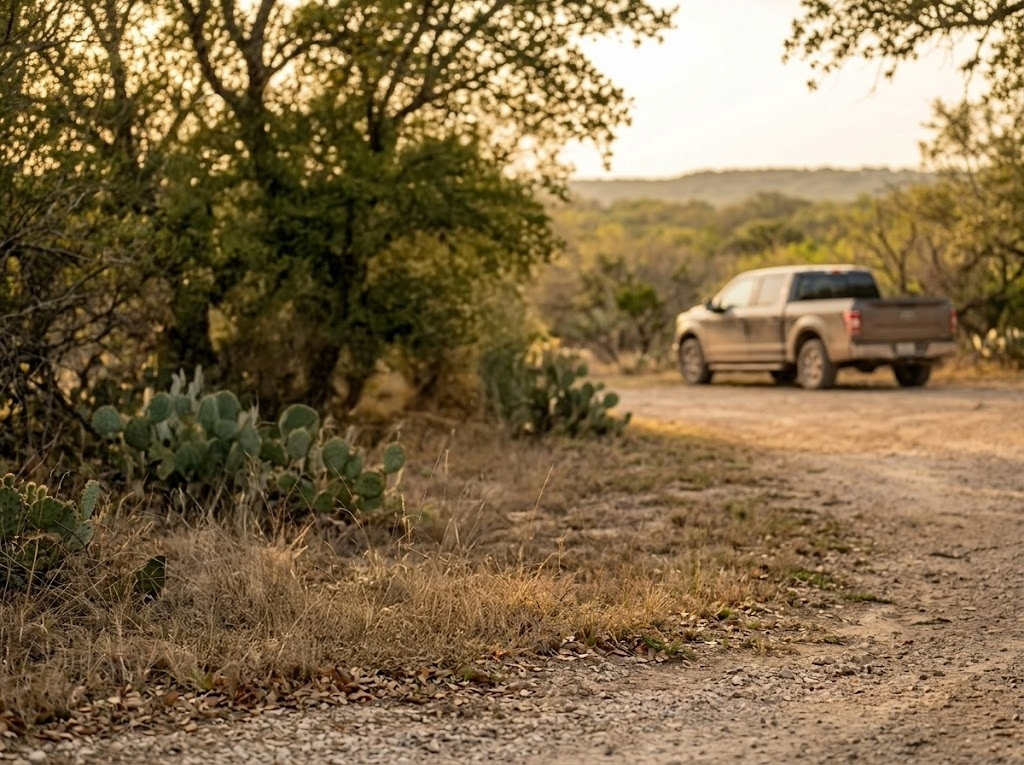 the entrance to Texas public land with a dirt parking area and truck in the background