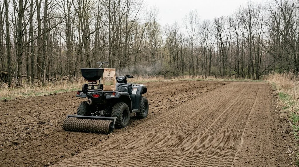 ATV pulling a cultipacker roller across a freshly tilled food plot seedbed with firm pressed soil behind the roller and loose soil ahead surrounded by hardwood timber in late April