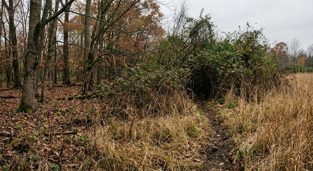 Corner where mature hardwoods, thick regrowth bedding cover, and native grass meet on public land, a habitat edge intersection marked while e-scouting.
