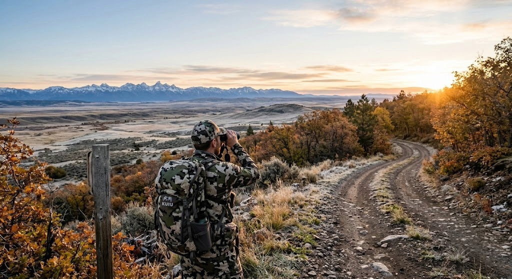 Public land hunter standing at the edge of a two-track road at dawn glassing across a hardwood ridge, prairie basin, and distant mountain range with morning golden light breaking across the terrain.