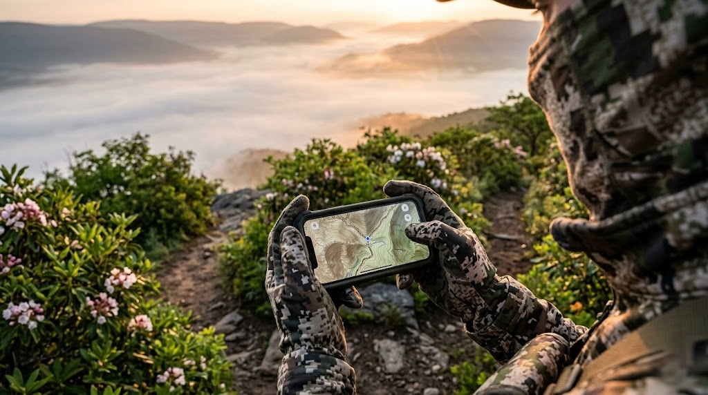 Close-up of a hunter's gloved hands holding a smartphone displaying a topographic map while scouting a trail junction on Pennsylvania public land
