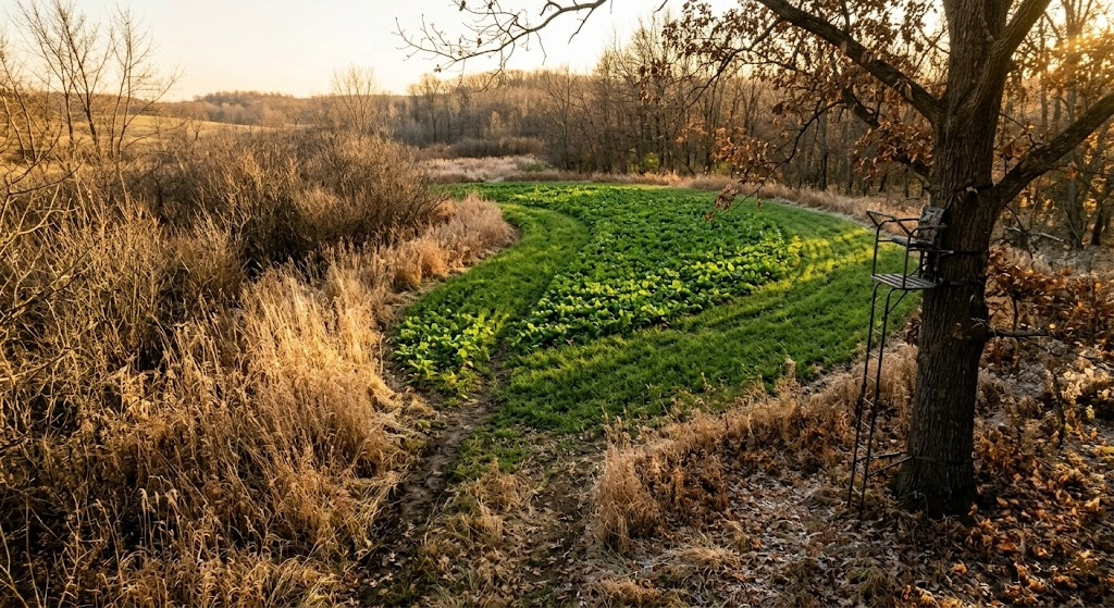 Small kidney-shaped fall kill plot of green cereal grains and brassicas tucked against a switchgrass bedding edge with a treestand positioned downwind on a mature oak and a deer trail connecting bedding to plot