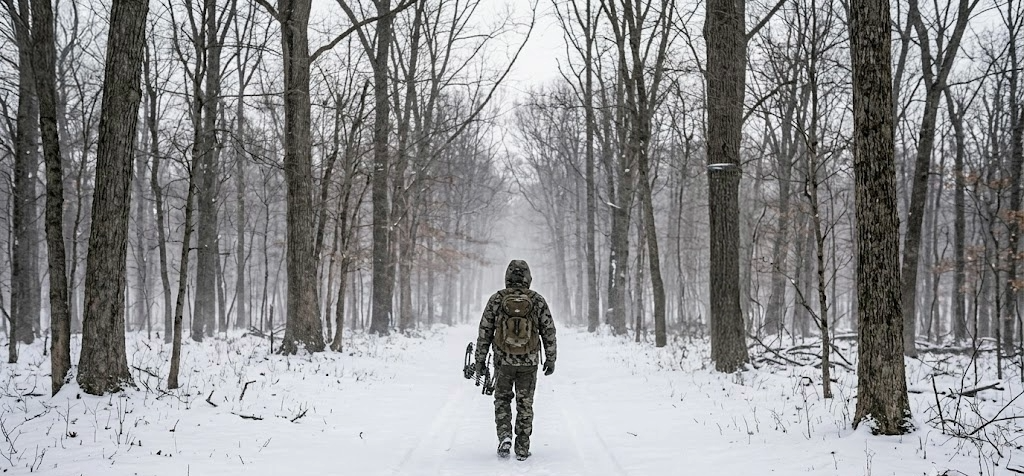 Hunter walking through snow-covered hardwood forest in cold-weather hunting jacket with wind blowing snow across frozen two-track trail