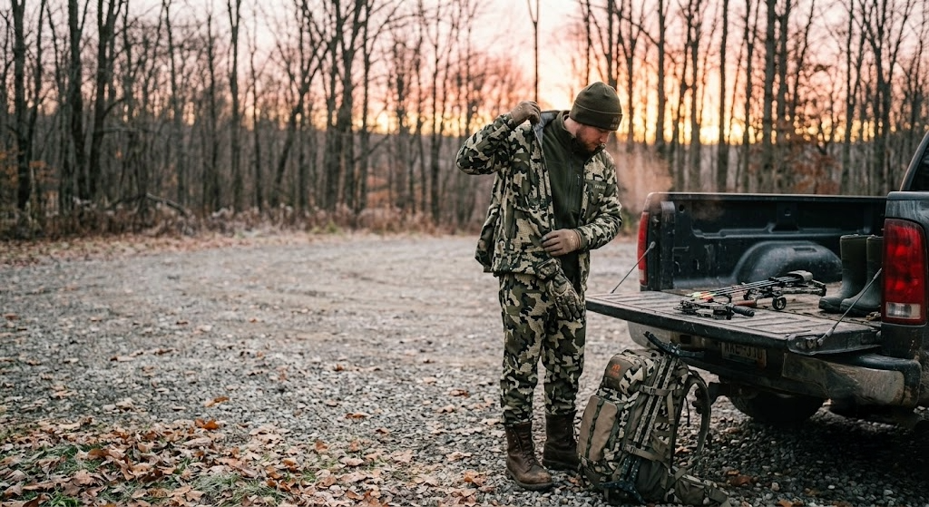 Hunter at a truck tailgate pulling a camo outer shell over a fleece mid layer at dawn with a compound bow in the truck bed and November hardwoods in the background
