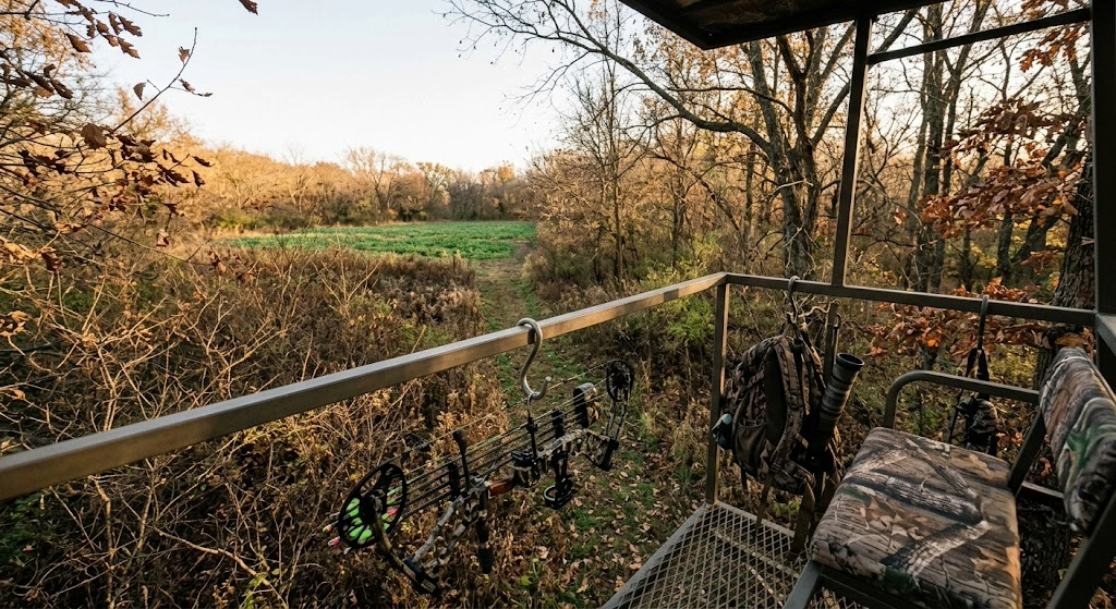 View from a managed treestand on Kansas private hunting ground looking over a brushy creek bottom toward a green food plot with a compound bow hanging from the stand rail