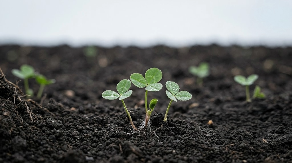 Macro close-up of white clover seedlings at 3 weeks showing first true trifoliate leaves emerging from firm dark seedbed soil with morning dew on the leaves