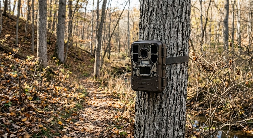 Muddy Matrix 2.0 cellular trail camera strapped to a mature hickory over a deer trail pinched between a finger ridge and creek edge in autumn.