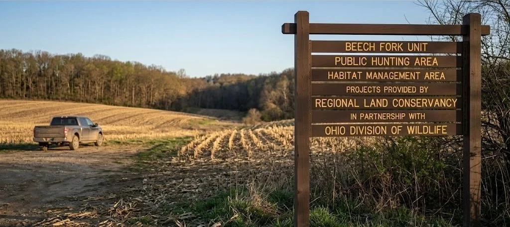 Brown wooden public hunting area boundary sign posted at the entrance to Ohio public land with a dirt parking area and truck in the background