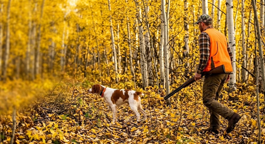 Brittany spaniel in classic point stance in a stand of young golden aspen in northern Wisconsin with a and a hunter walking in from the right carrying a  shotgun.