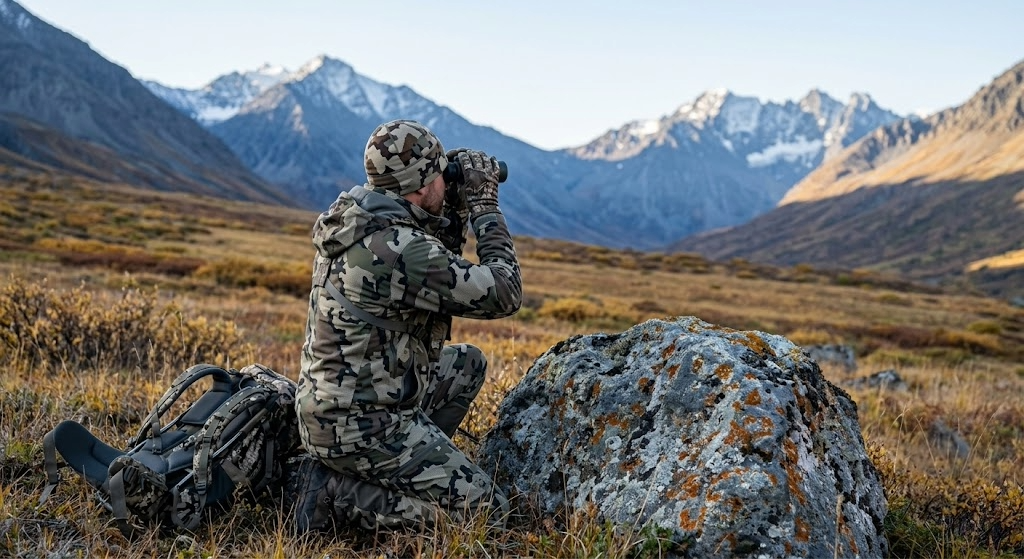 Hunter glassing an alpine basin in Alaska from behind a boulder, wearing technical camouflage during early September public land hunting in Alaska.